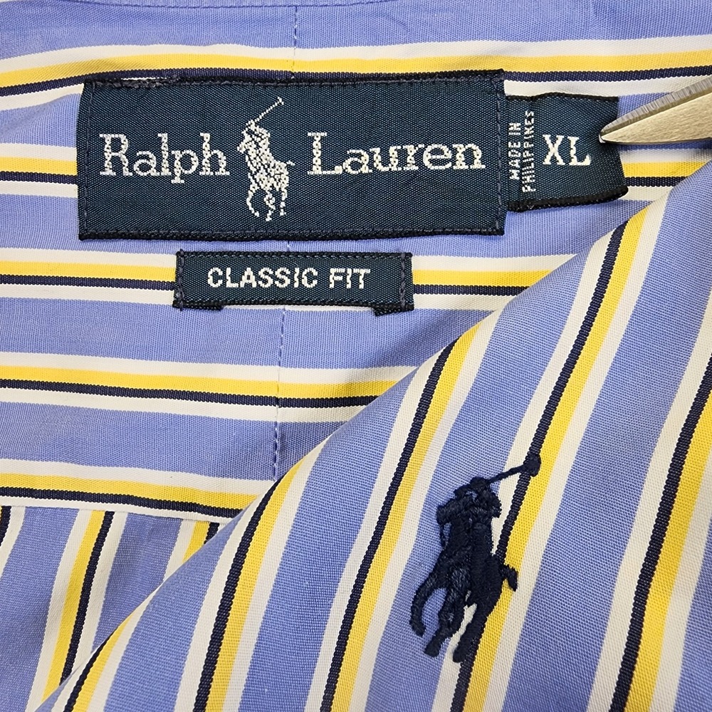 Ralph Lauren Mens XL‎ Blue Yellow Striped Classic Fit Long Sleeve Button Shirt